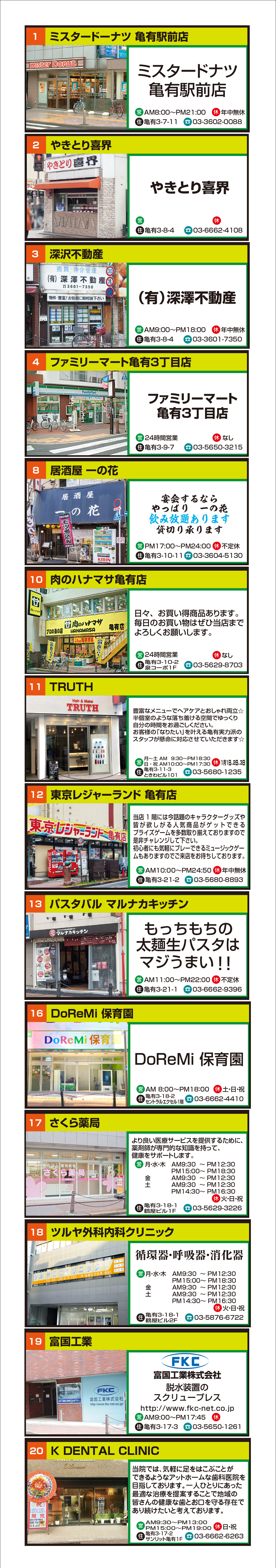 1.ミスタードーナツ 亀有駅前店2.やきとり喜界3.深沢不動産4.ファミリーマート亀有3丁目店8.居酒屋一の花10.肉のハナマサ亀有店11.TRUTH12.東京レジャーランド 亀有店 13.パスタバルマルナカキッチン16.DoReMi保育園17.さくら薬局18.ツルヤ外科内科クリニック19.富国工業20.KDENTALCLINIC
21.Ｋ DENTAL CLINIC